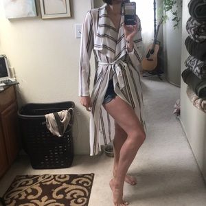 Long white striped duster with waist tie